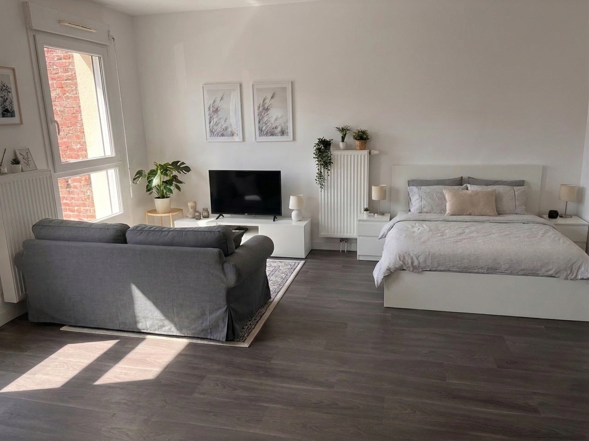 Séjour entièrement meublé : canapé, lit double, meuble TV et décoration